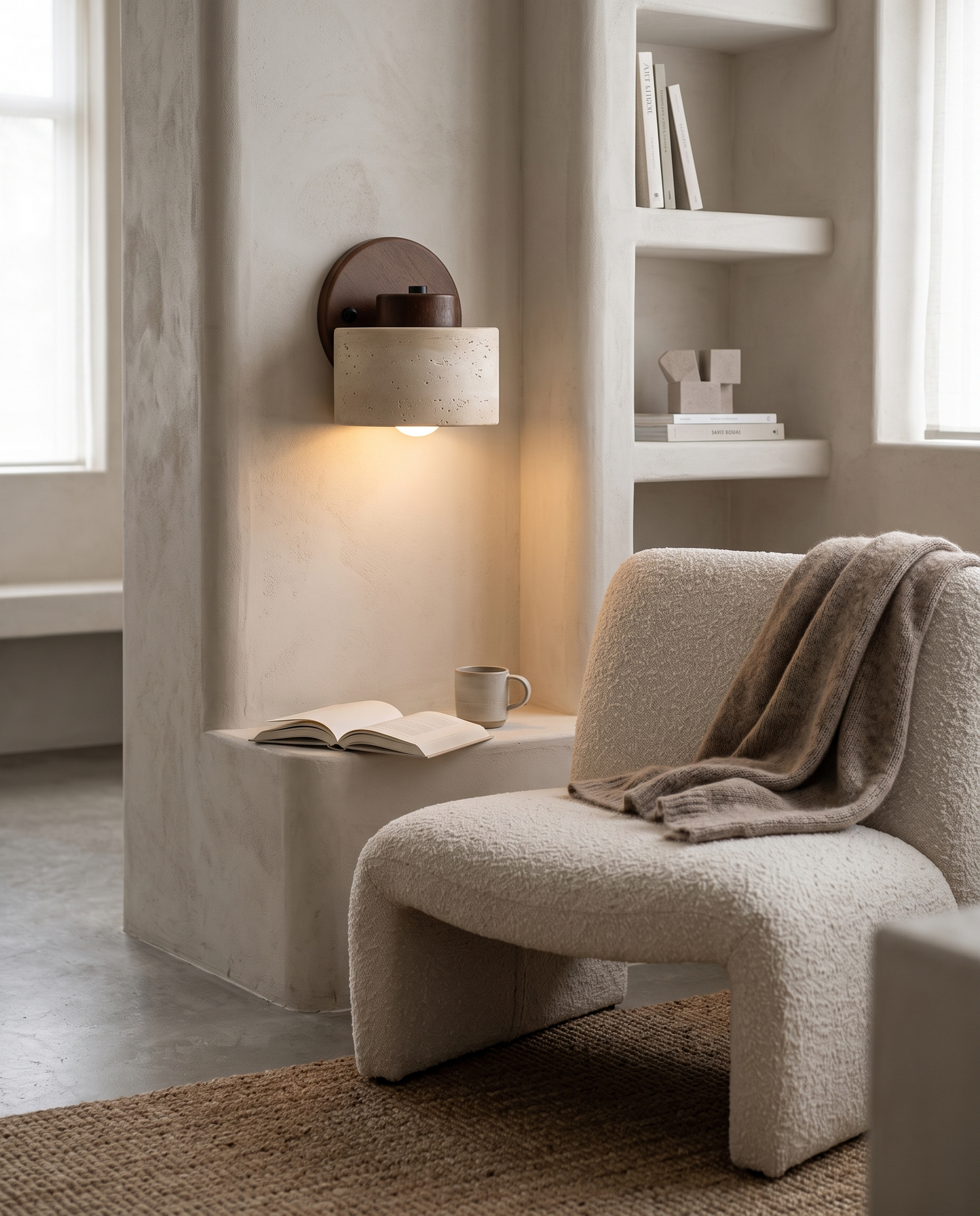 Sasso Travertine Wall Light beside a reading nook