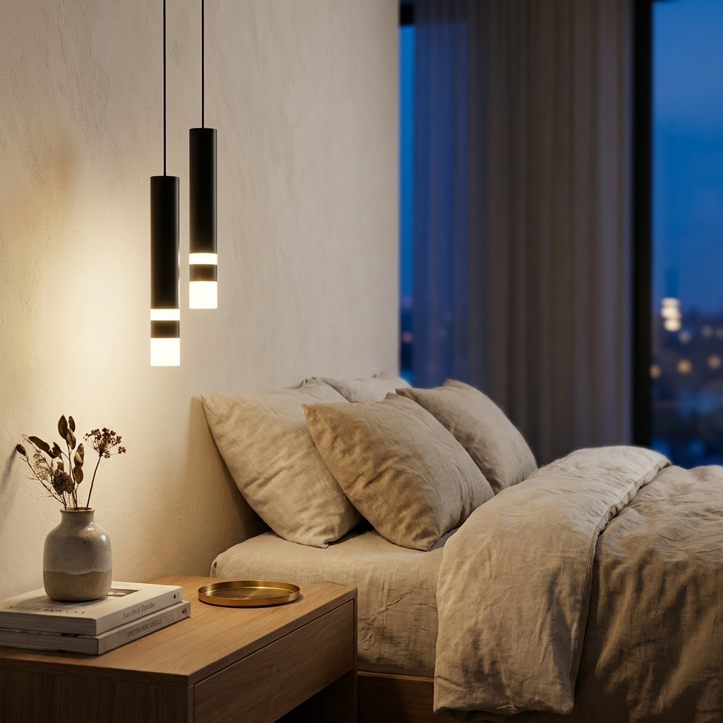Asta Pendant (Black &amp; White) as a pair over a bedside table
