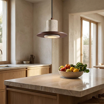 Noce Travertine Pendant over a kitchen island