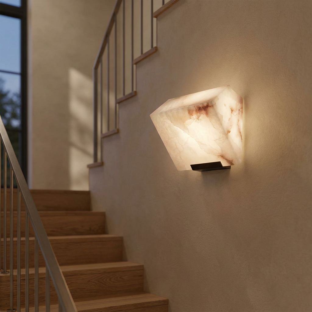 Scala Alabaster Wall Light on a staircase wall