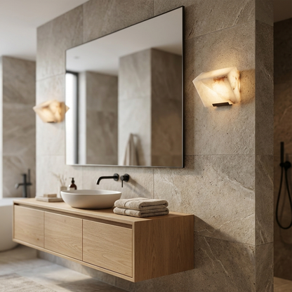 Scala Alabaster Wall Light beside a bathroom vanity