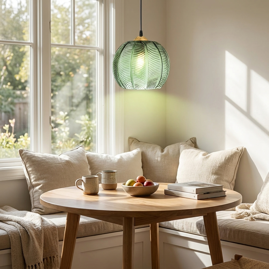 Foglia Green Glass Pendant over a breakfast nook