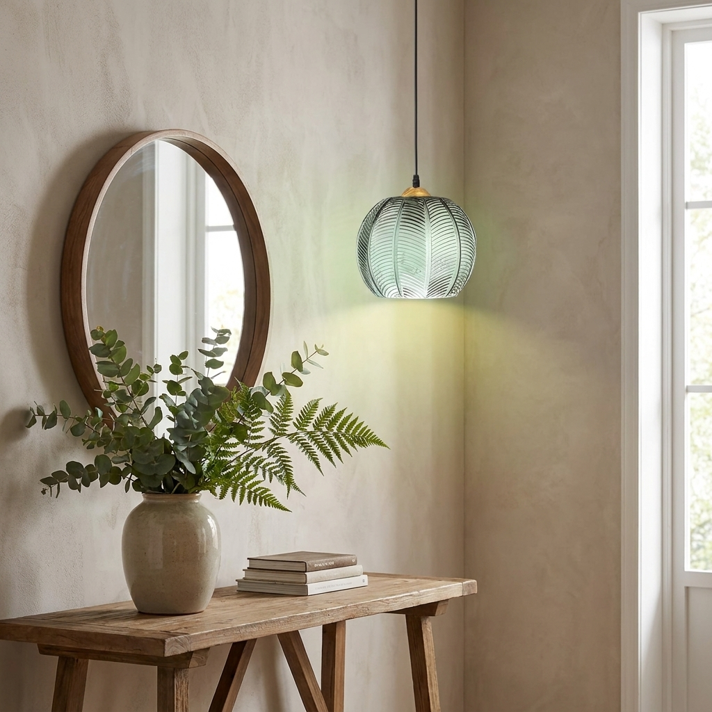 Foglia Green Glass Pendant in an entryway