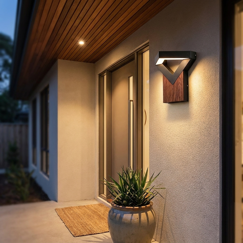 Muro Sconce beside a porch entrance