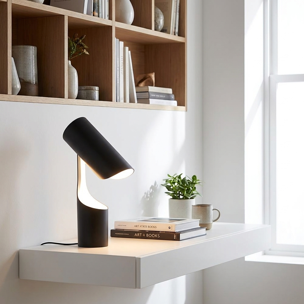 Cilindro Desk Lamp on a floating shelf desk