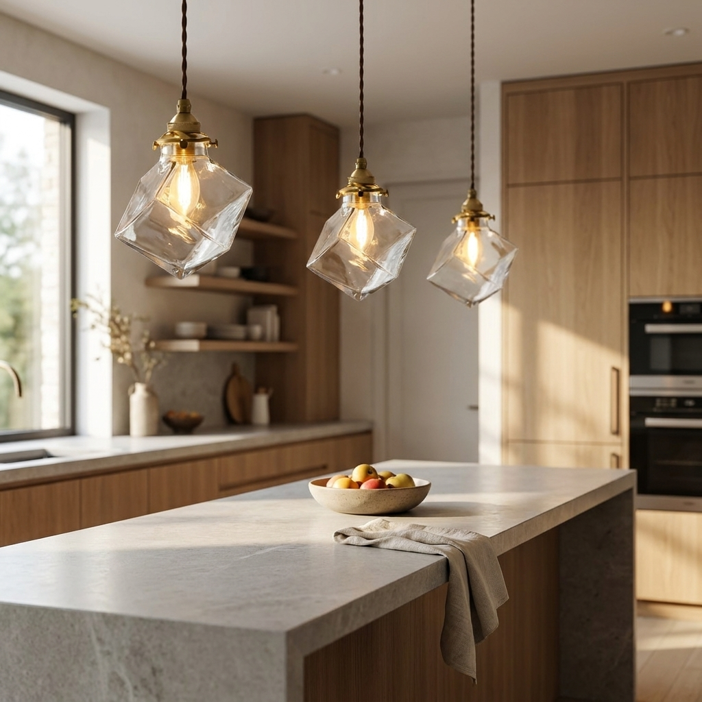Cubo Glass Pendant trio over a kitchen island