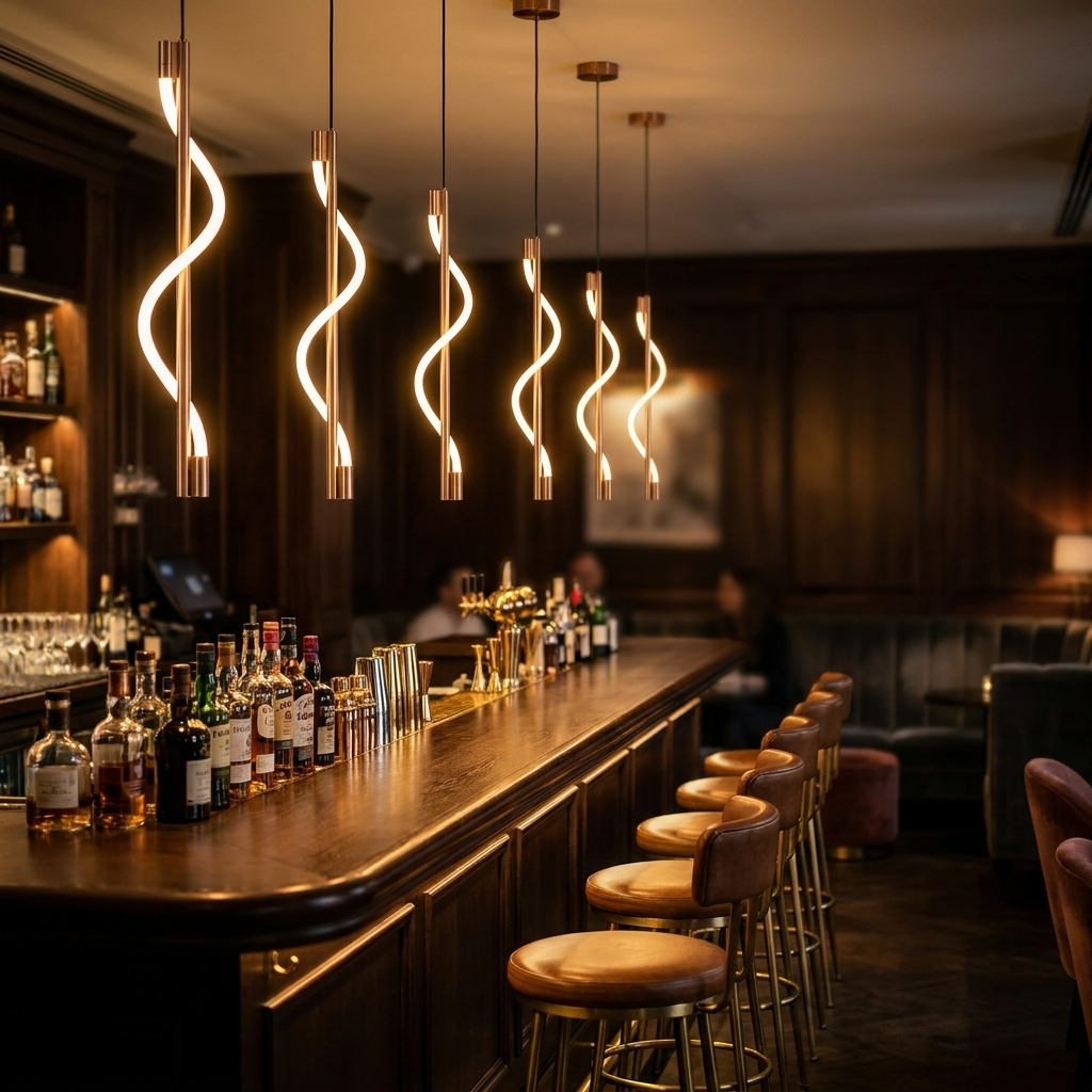 Spirale Rope Pendant (Copper) over a bar counter