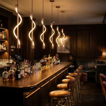 Spirale Rope Pendant (Copper) over a bar counter
