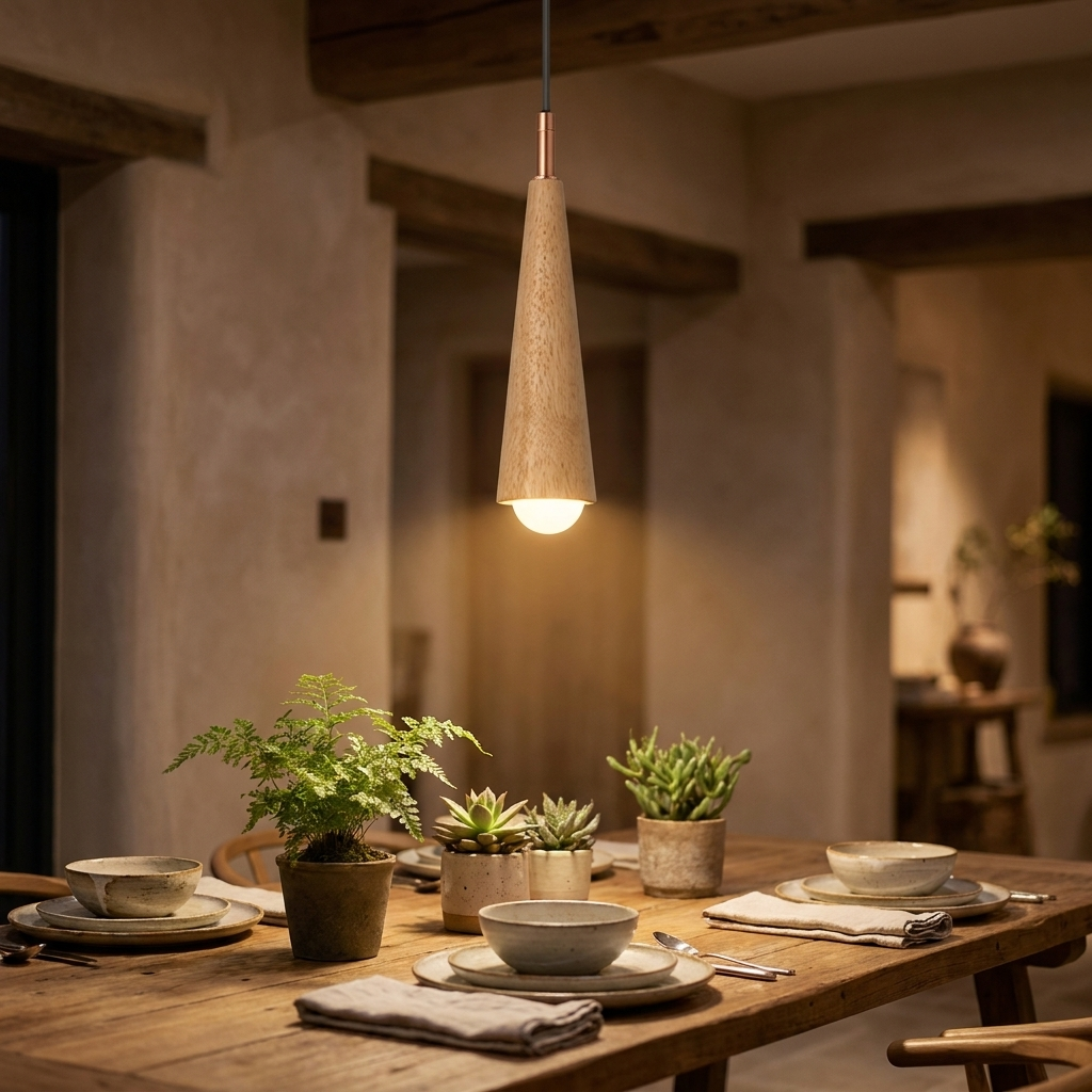 Cono Wood Pendant (Wood) over a dining table