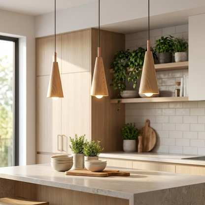 Cono Wood Pendant (Wood) over a kitchen island