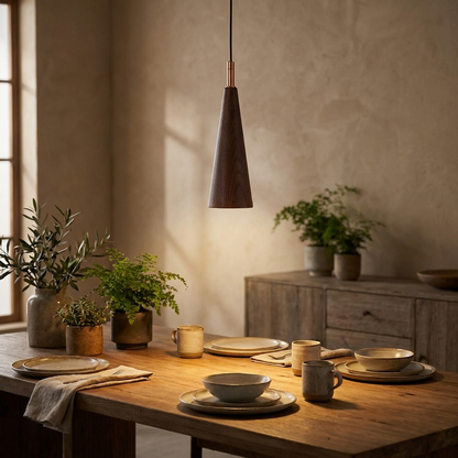 Cono Wood Pendant (Walnut) over a dining table