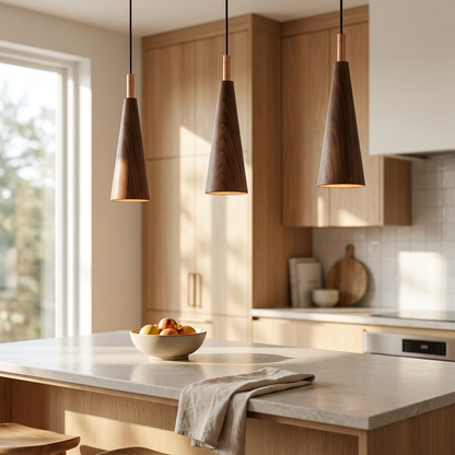 Cono Wood Pendant (Walnut) over a kitchen island