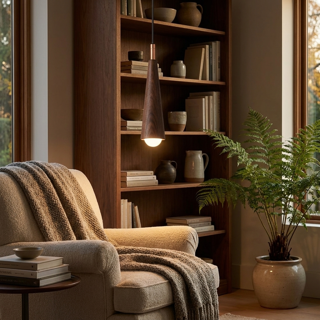 Cono Wood Pendant (Walnut) in a living room