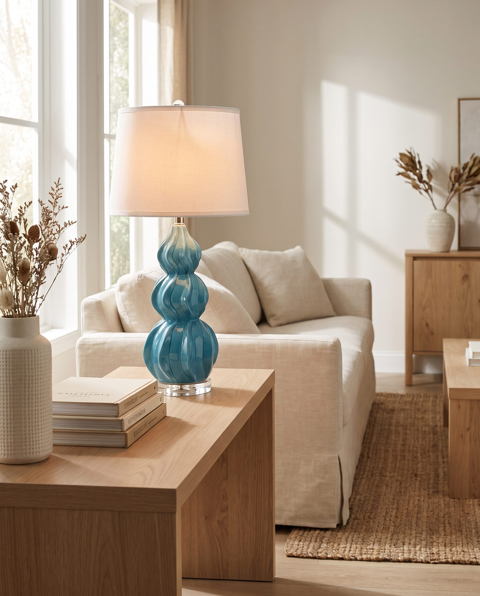 Juno lake blue ceramic gourd table lamp in a living room