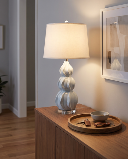 Juno gray-blue ceramic gourd table lamp in an entryway