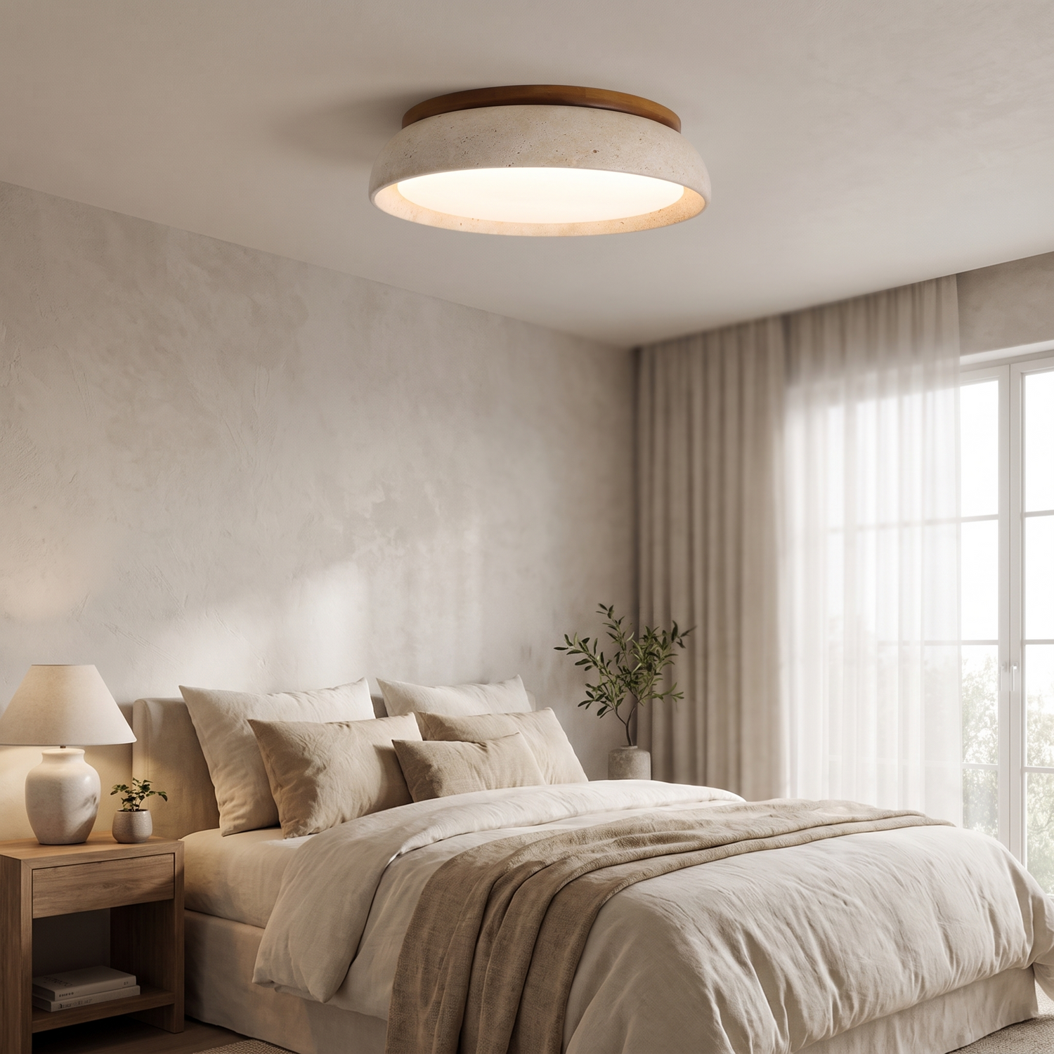 Travira travertine ceiling light in a bedroom