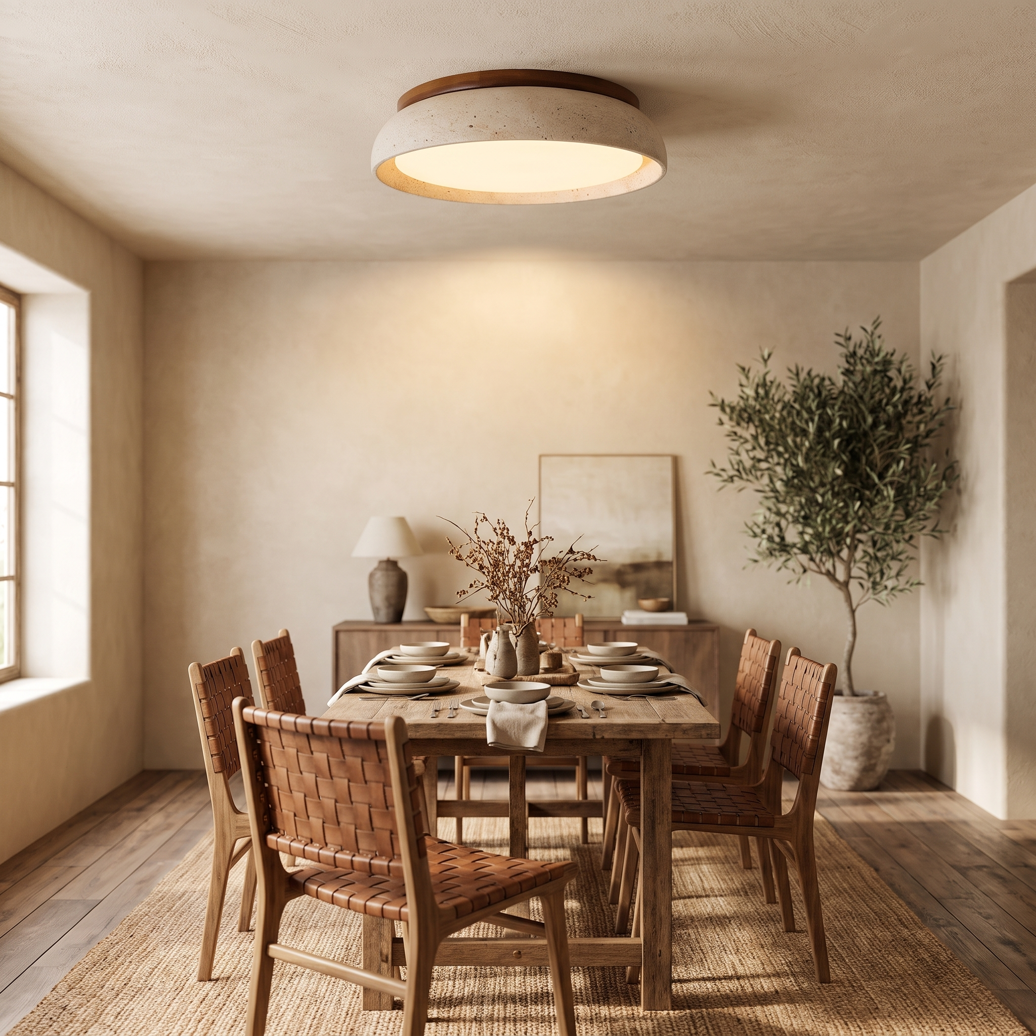 Travira travertine ceiling light in a dining area