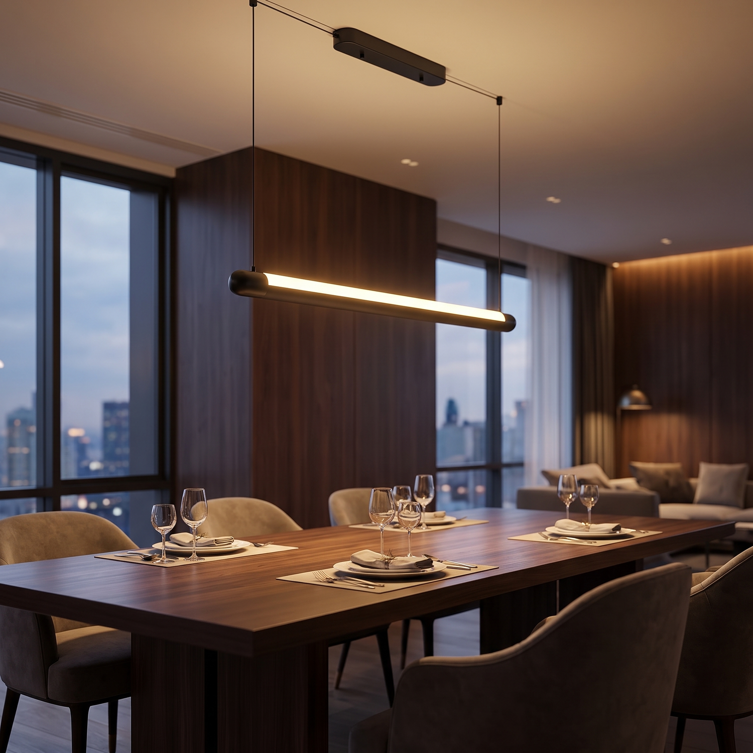 Lineo black linear suspension light over a dining table