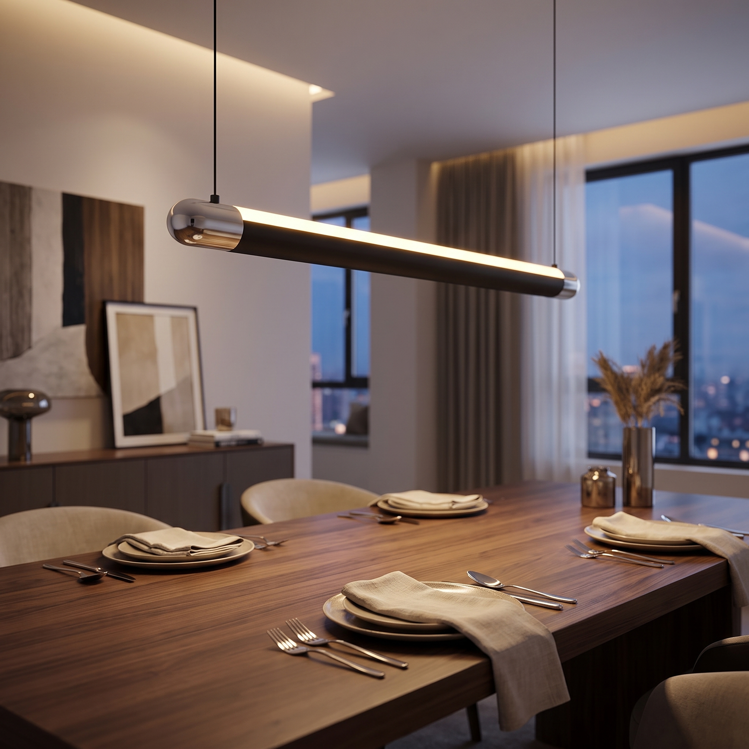 Lineo black linear suspension light over a dining table