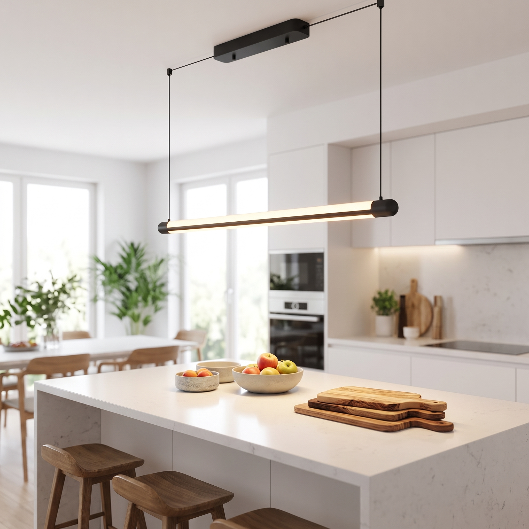 Lineo black linear suspension light over a kitchen island