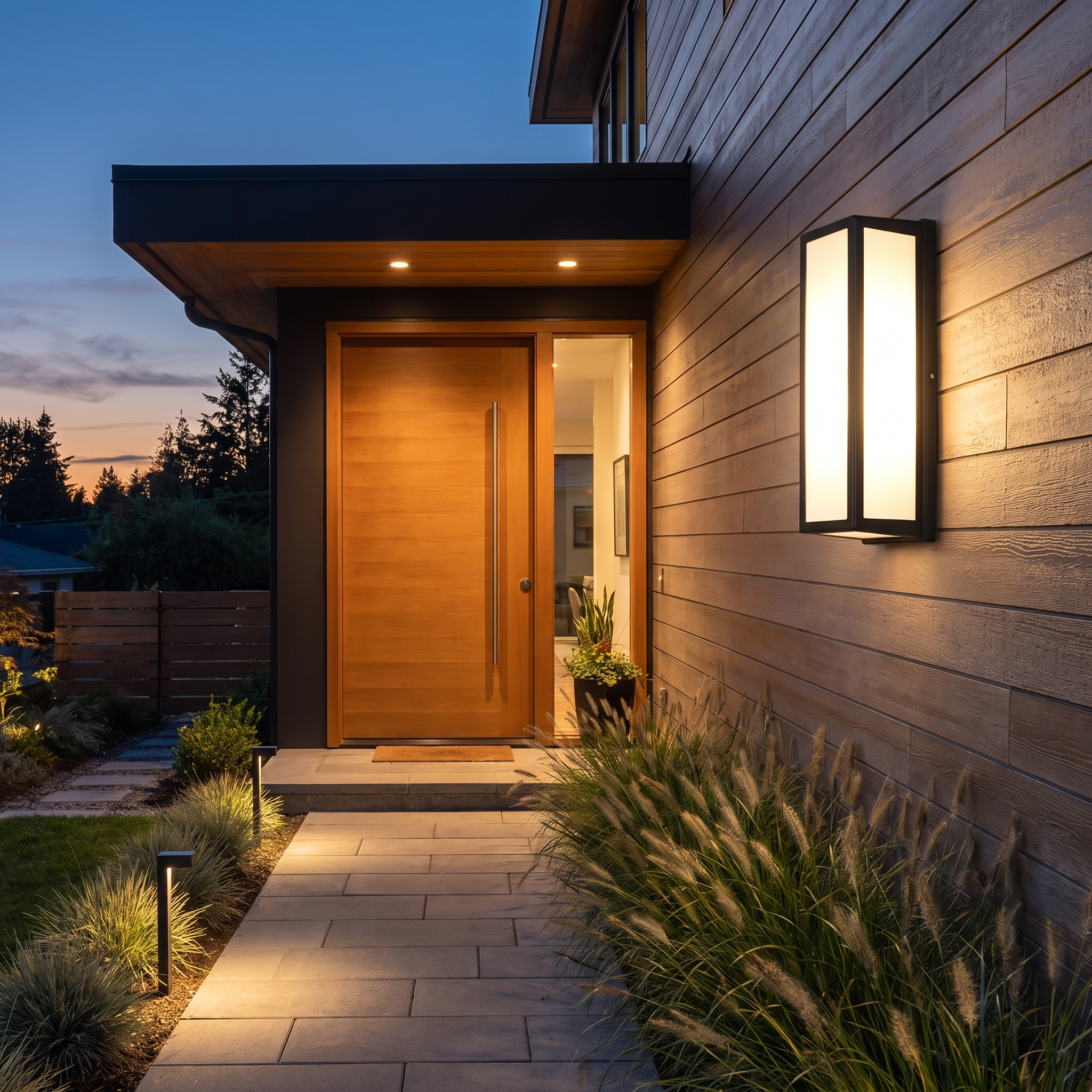 Vero outdoor wall sconce, dusk entrance
