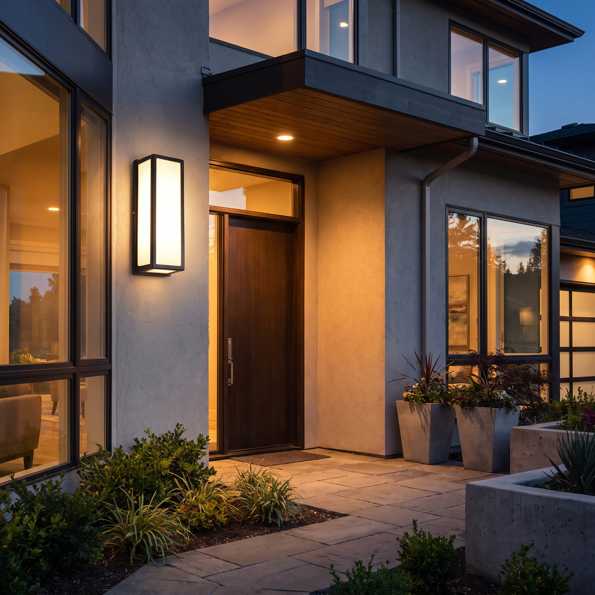 Vero outdoor wall sconce beside a modern entrance