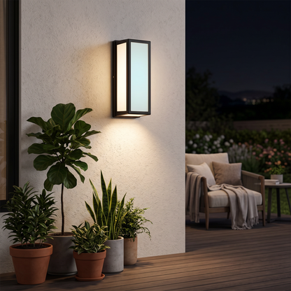Vero outdoor wall sconce, patio at night