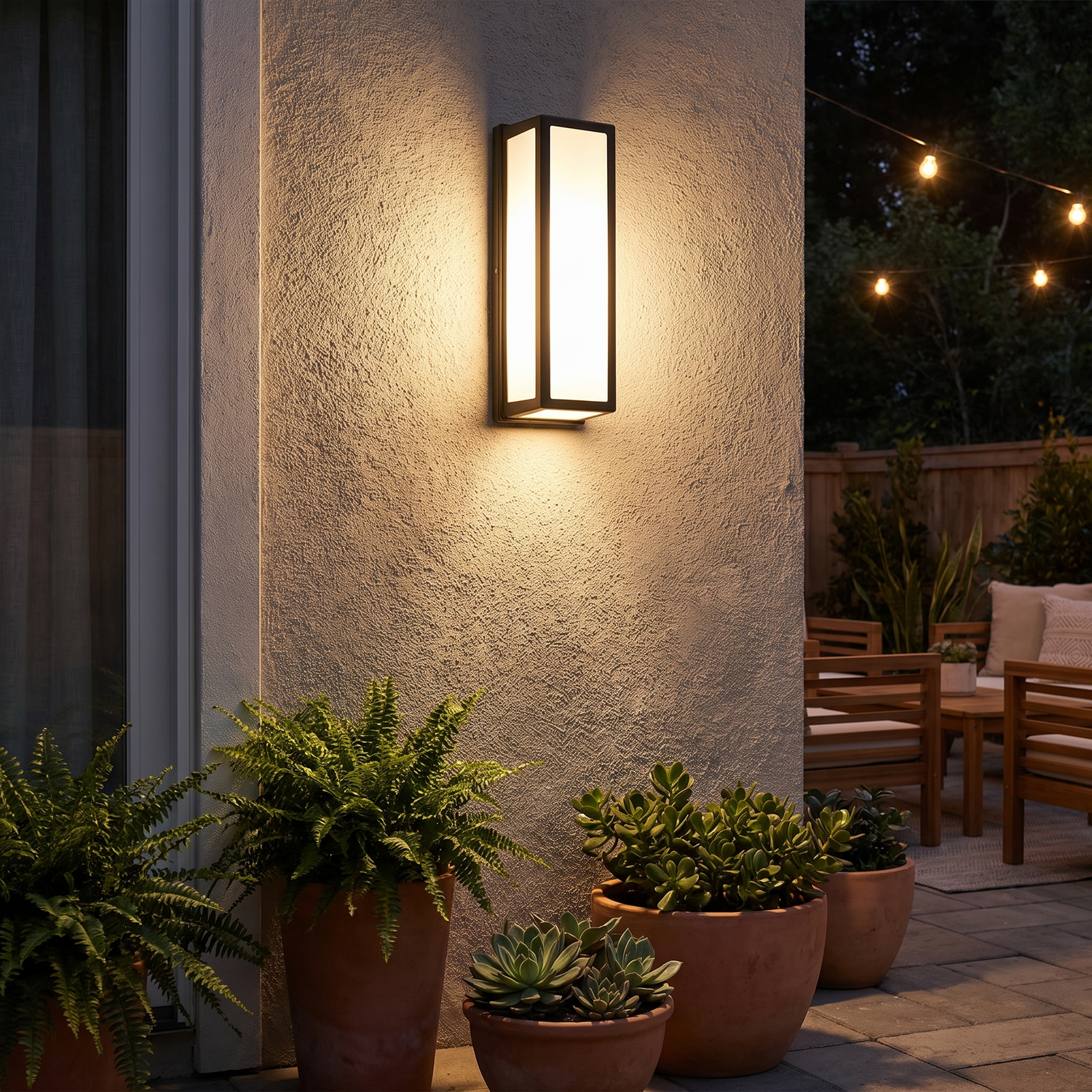 Vero outdoor wall sconce on a patio wall