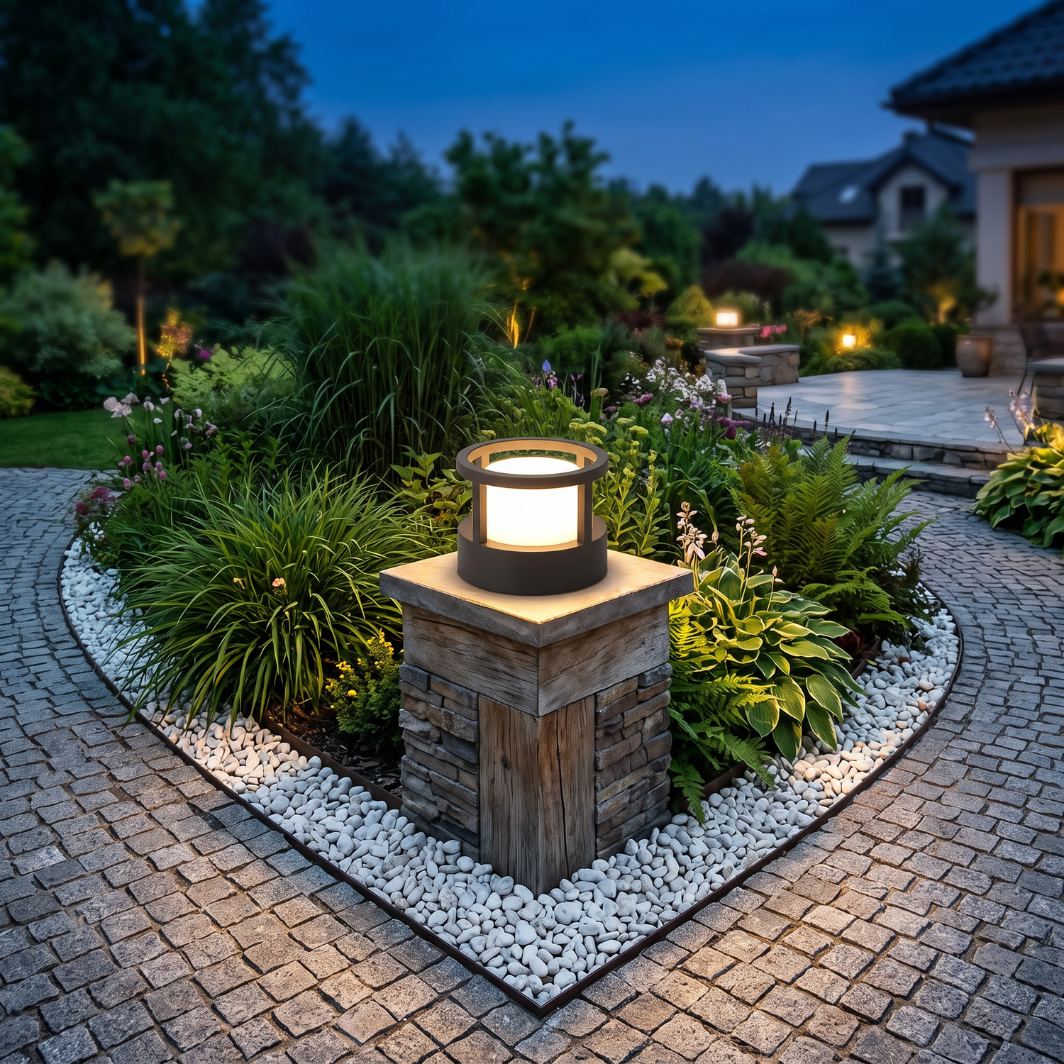 Castel bollard lantern in a garden
