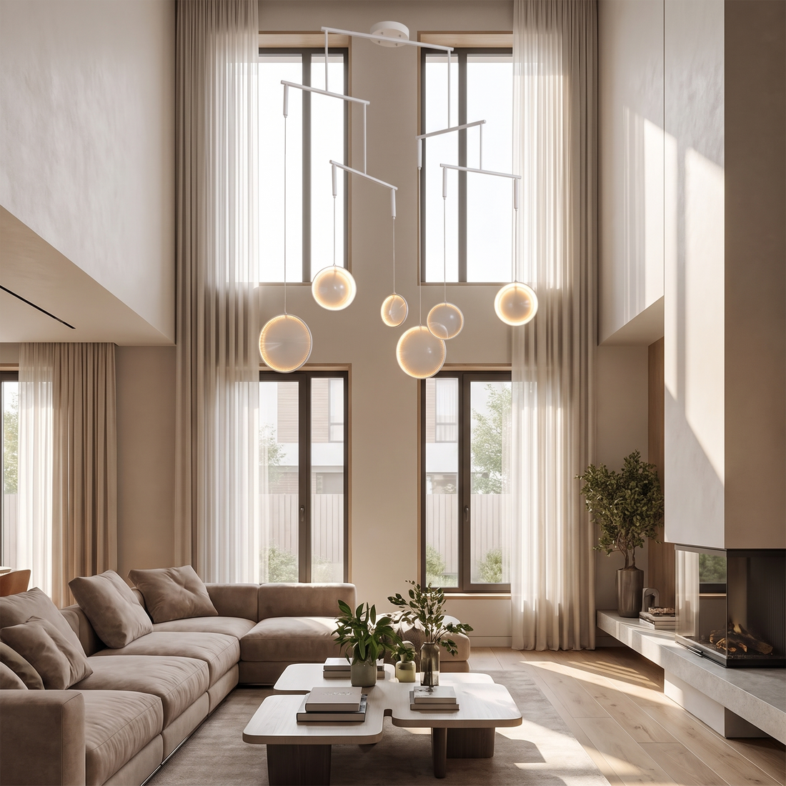 Nova white LED disc chandelier, double-height room