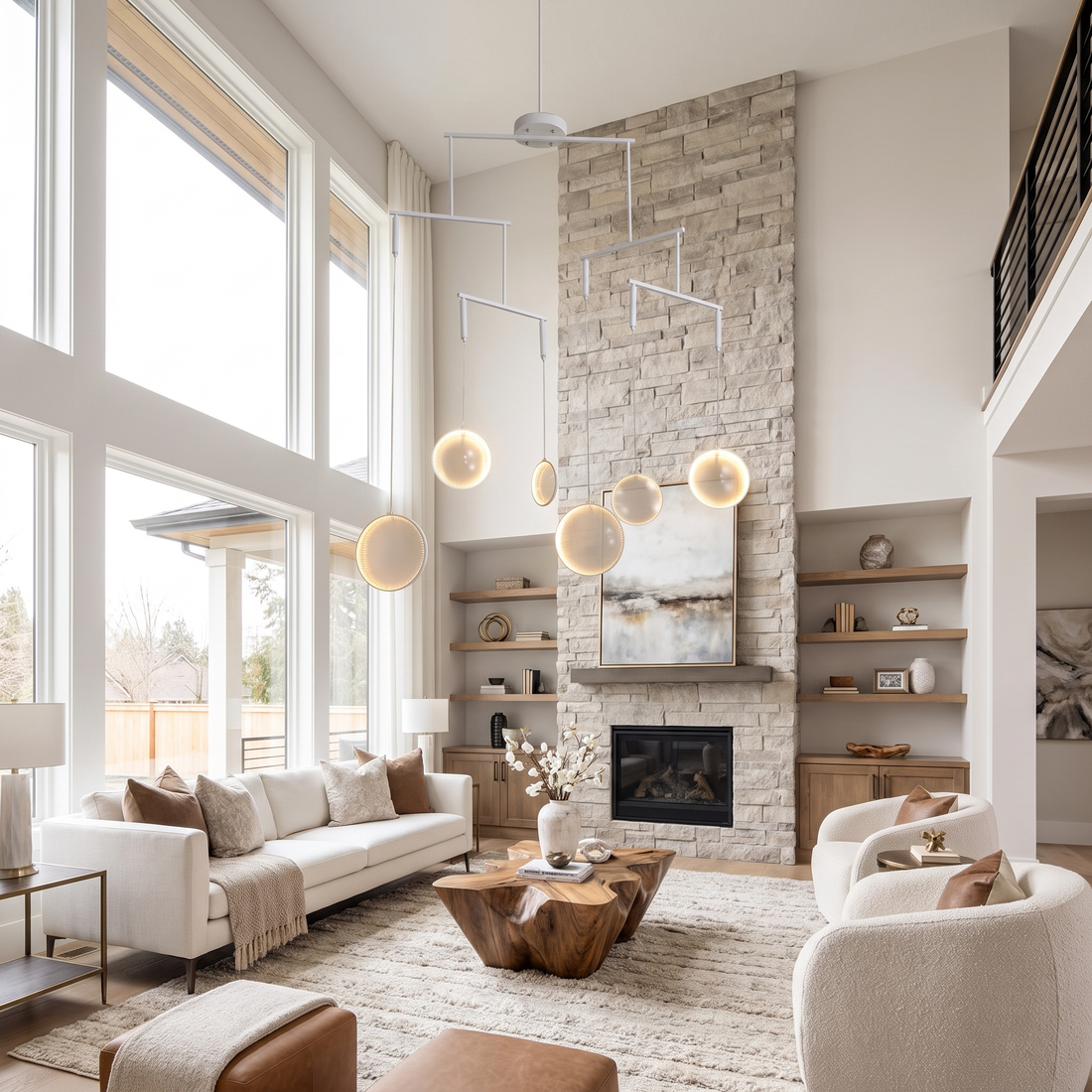 Nova white LED disc chandelier in a living room