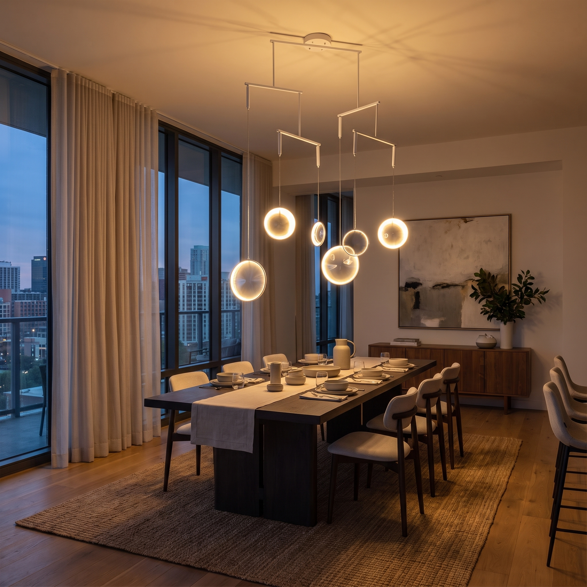 Nova white LED disc chandelier, dining area