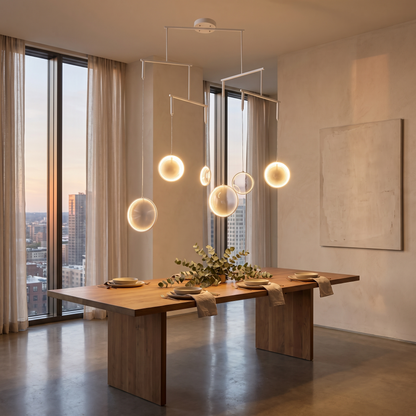 Nova white LED disc chandelier over a dining table