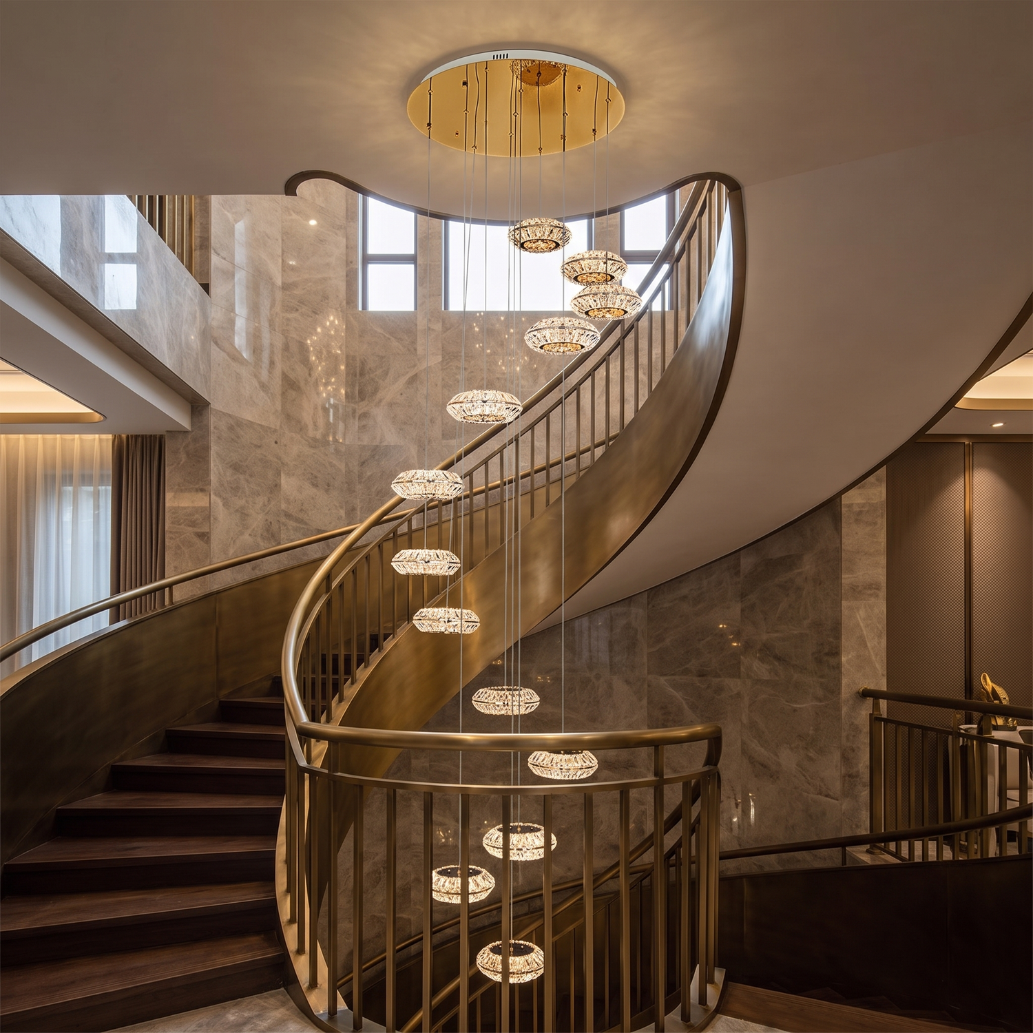 Toscana gold spiral chandelier, grand staircase