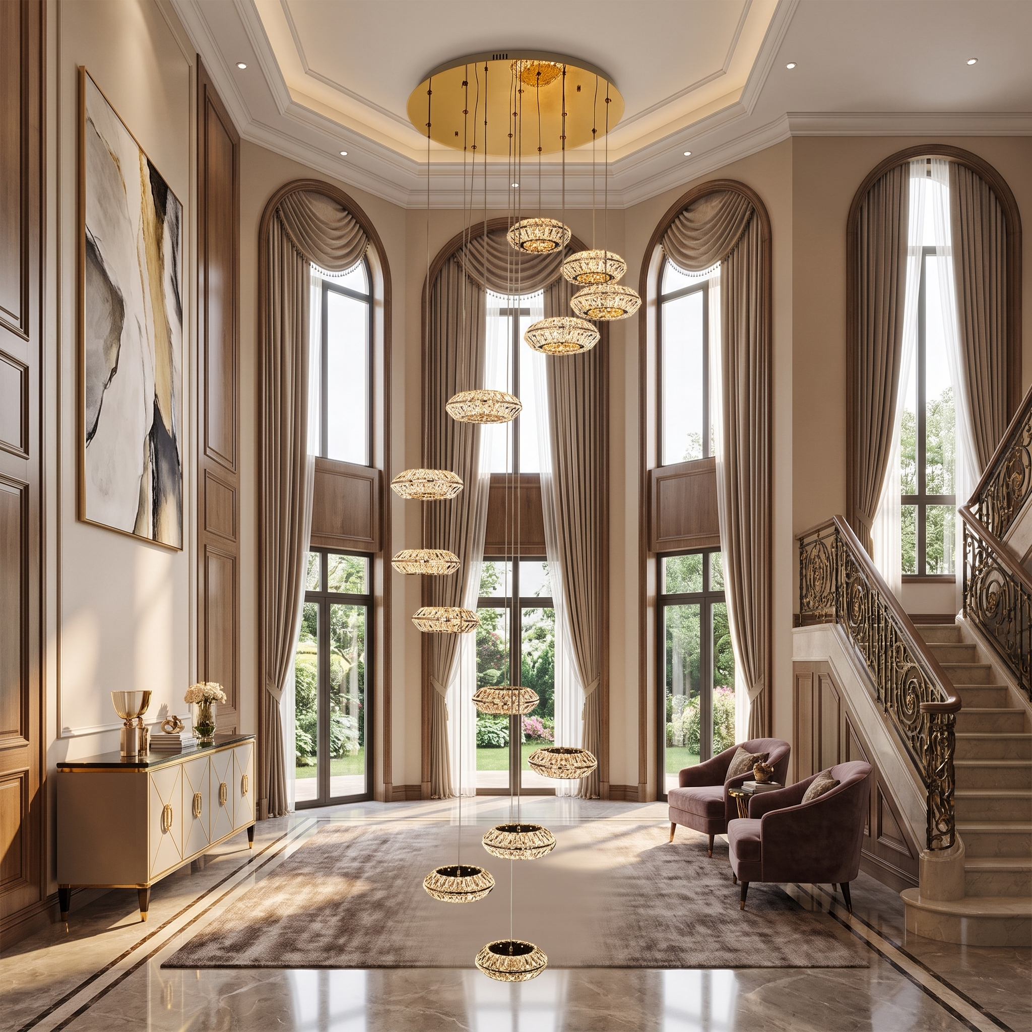 Toscana gold spiral chandelier in a foyer