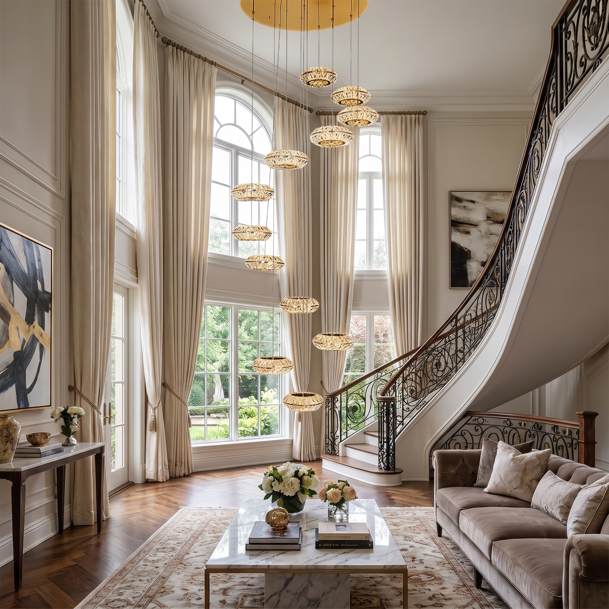 Toscana gold spiral chandelier, living room foyer