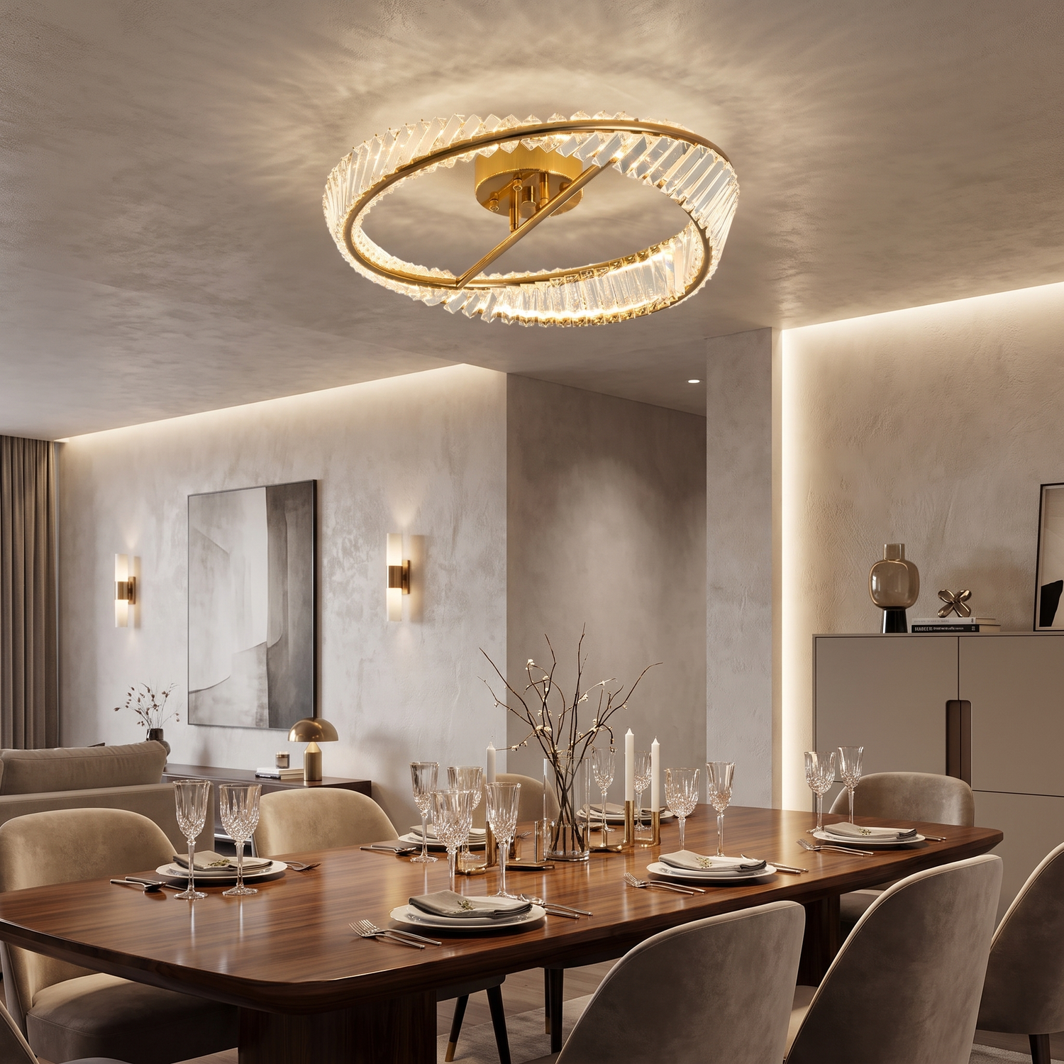 Mobius gold crystal ring flush mount above a table