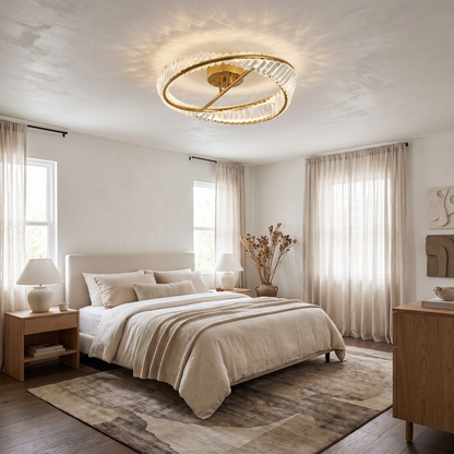 Mobius gold crystal ring flush mount, serene bedroom