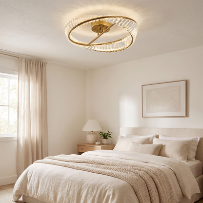 Mobius gold crystal ring flush mount in a bedroom