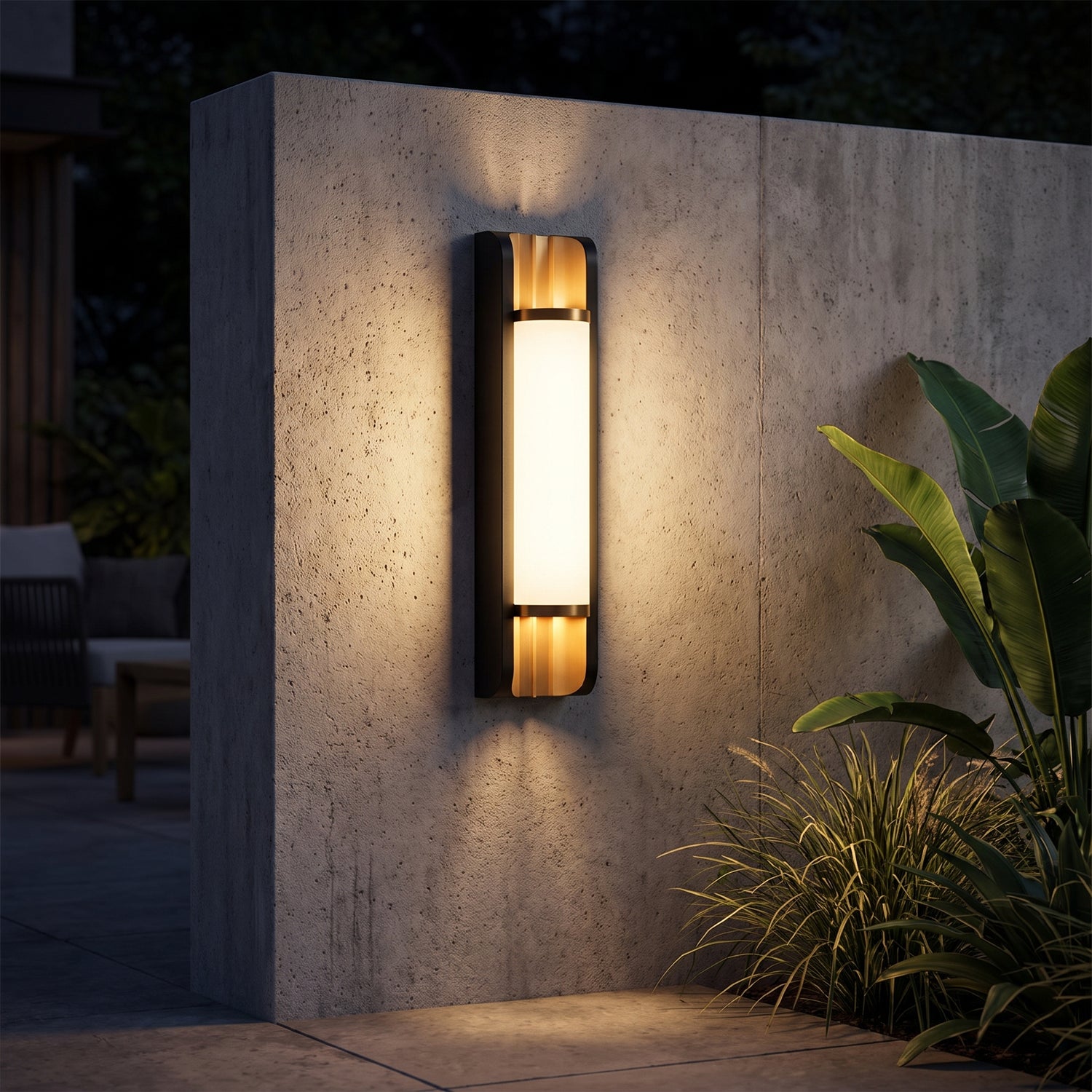 Orin black and brass up and down outdoor sconce, patio
