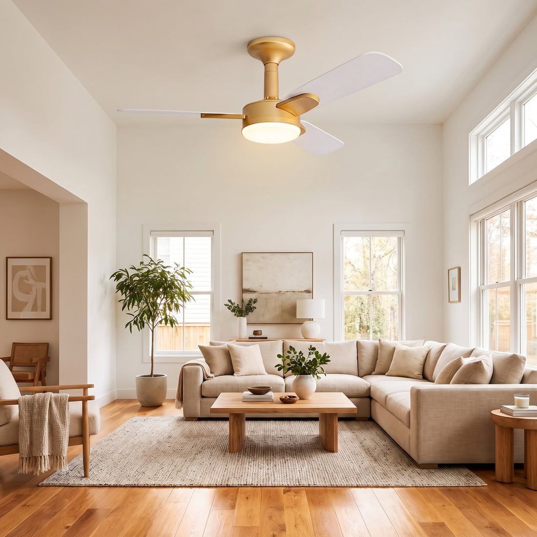 Wexford ceiling fan - All White Gold Fork, living room