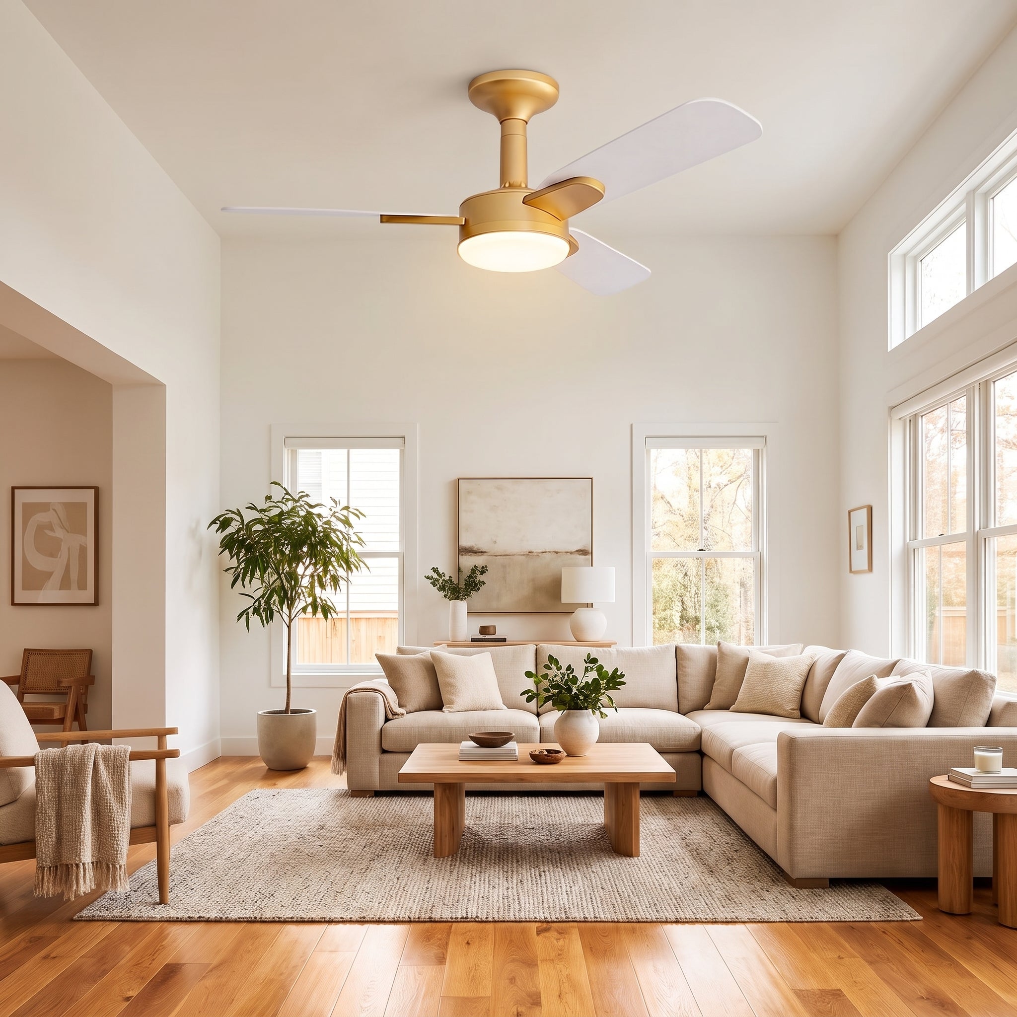 Wexford ceiling fan - All White Gold Fork, living room