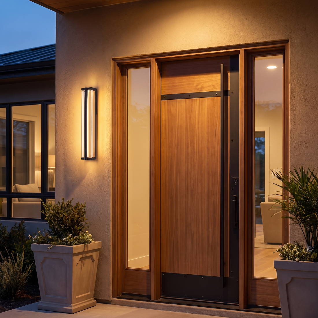 Celeste outdoor wall sconce beside modern front door at dusk
