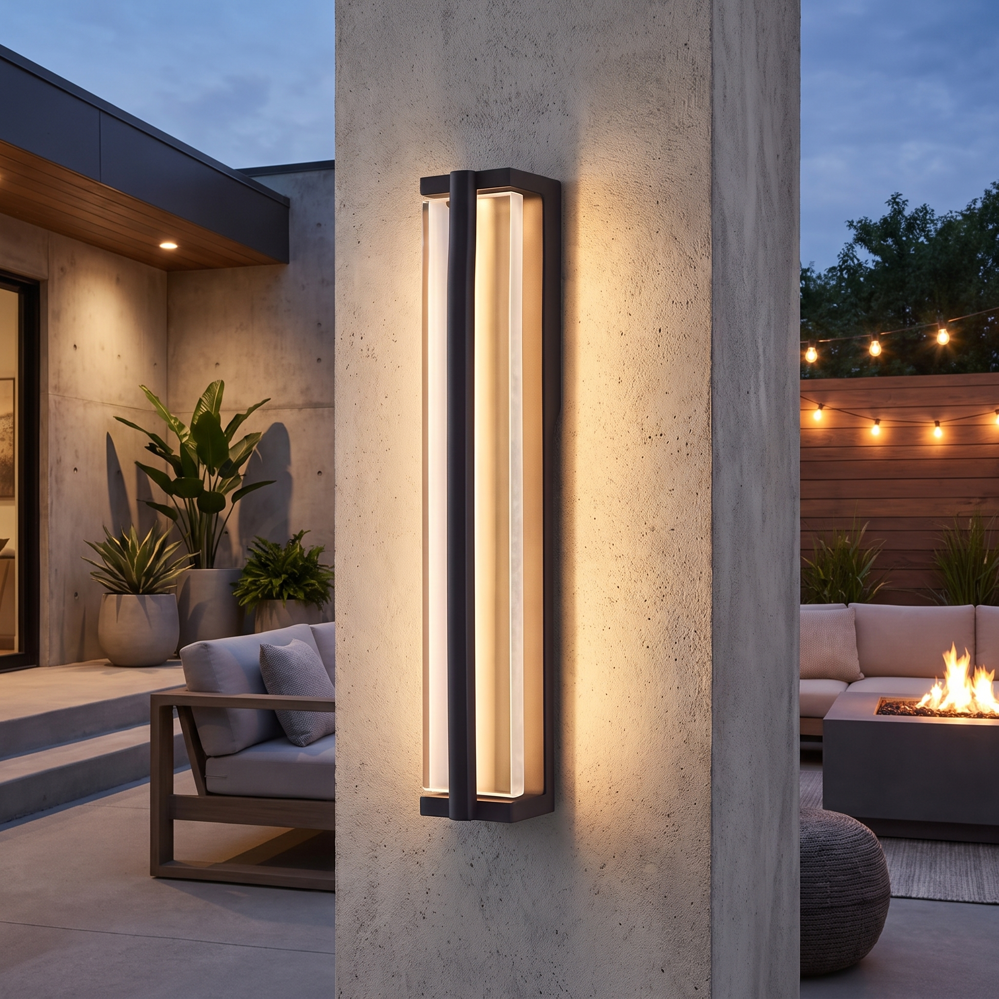 Celeste outdoor wall sconce on contemporary patio wall