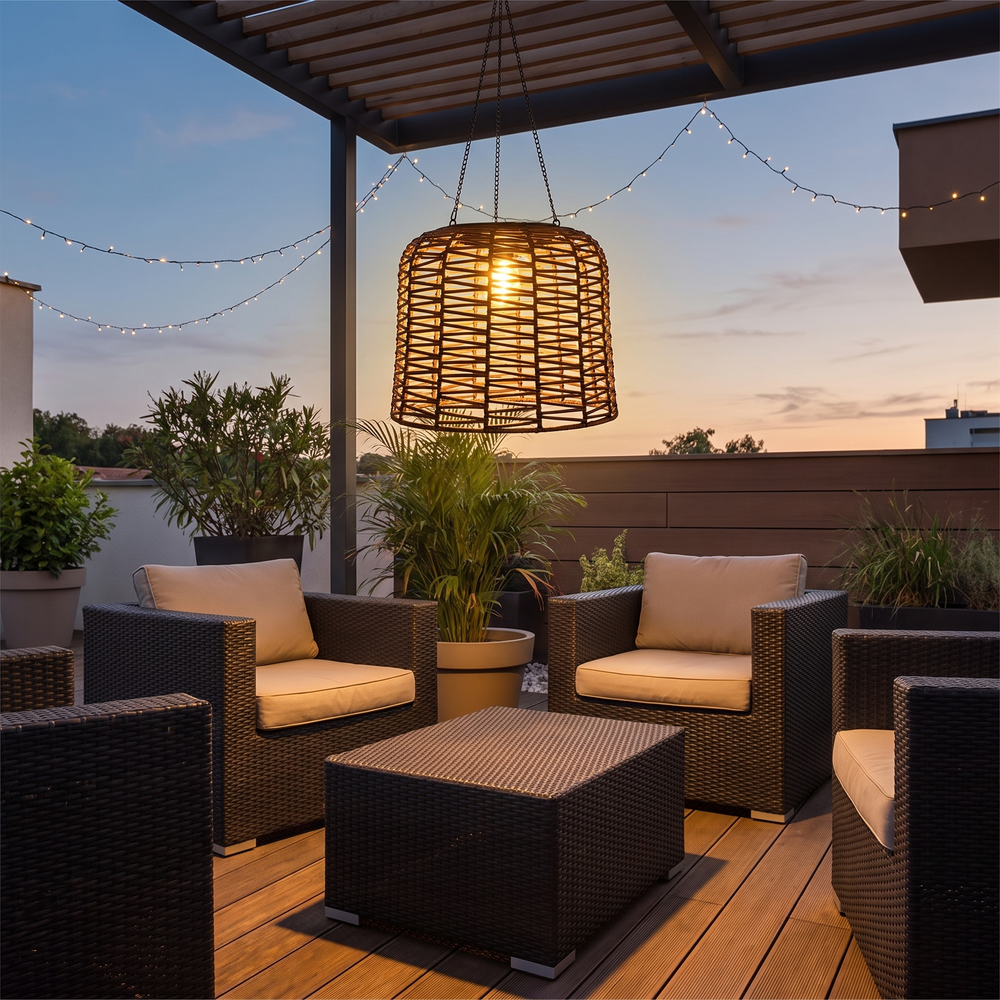 Rhea rattan solar pendant in modern outdoor lounge