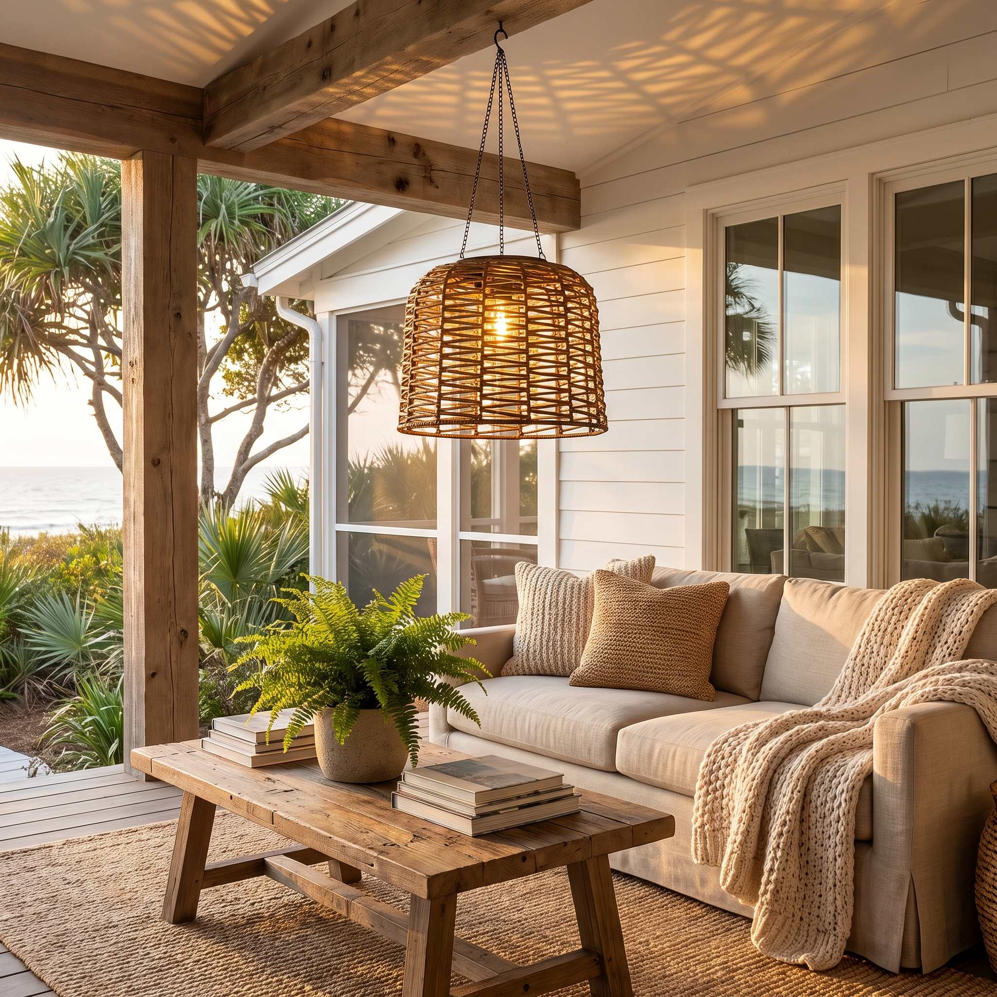 Rhea rattan solar pendant on covered porch seating