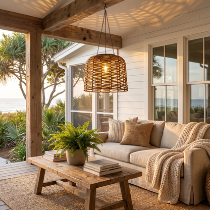 Rhea rattan solar pendant on covered porch seating
