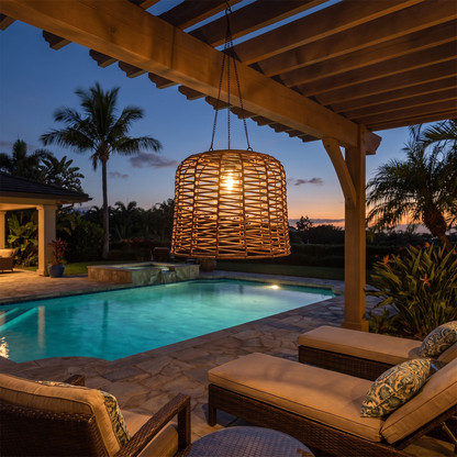 Rhea rattan solar pendant under poolside pergola
