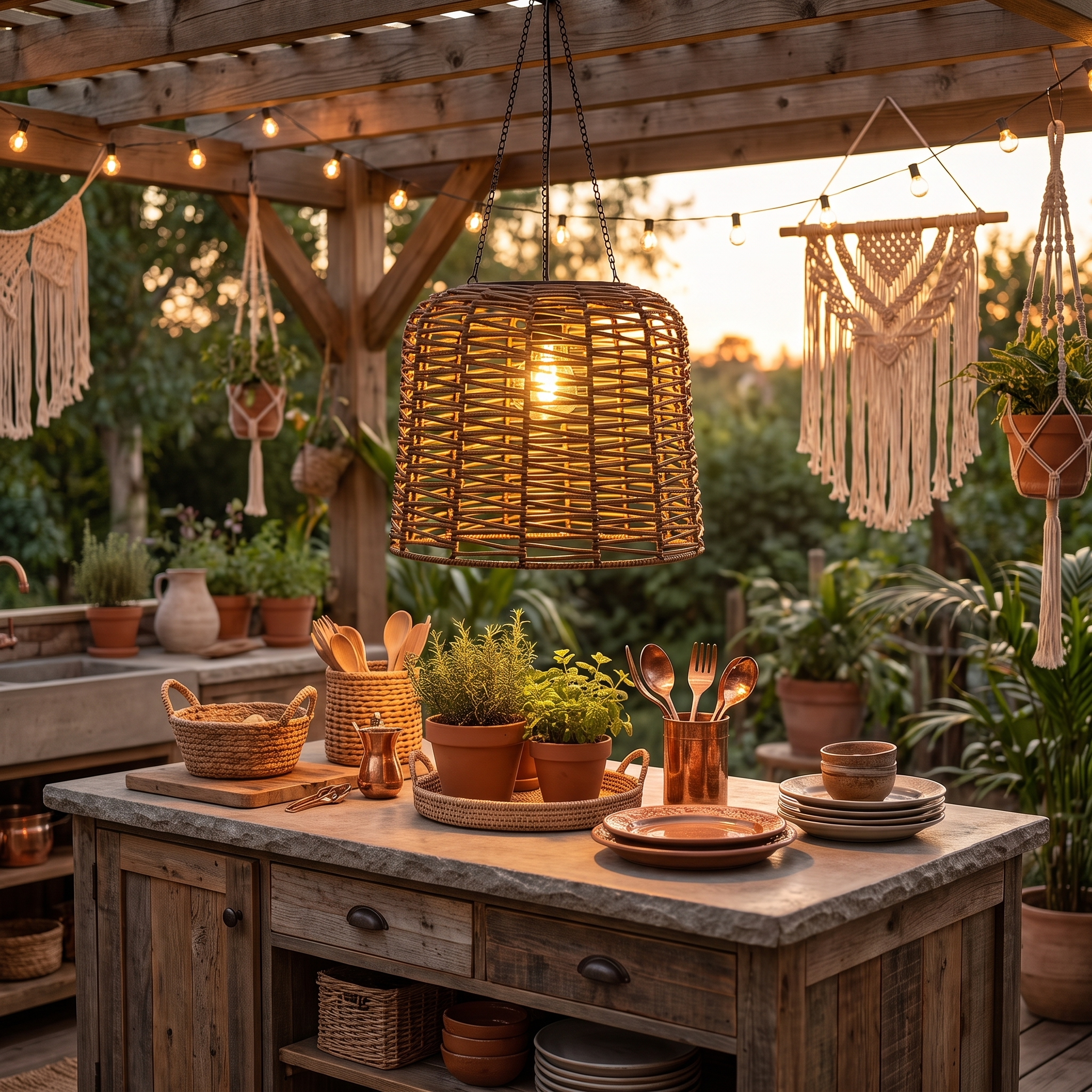 Rhea rattan solar pendant over boho outdoor kitchen