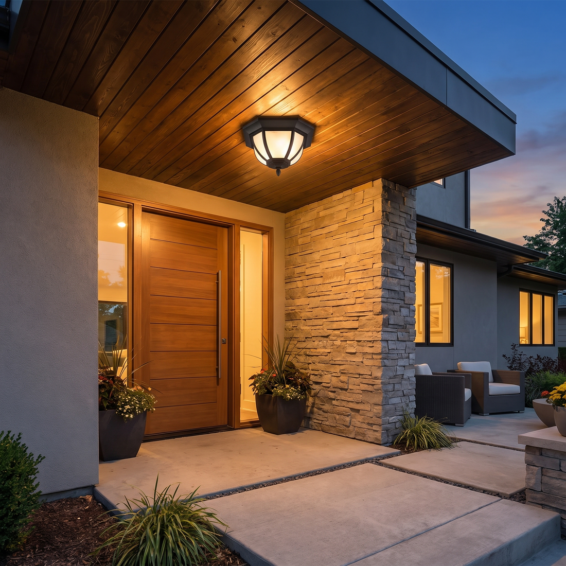 Amalie flush mount on modern front-door porch ceiling